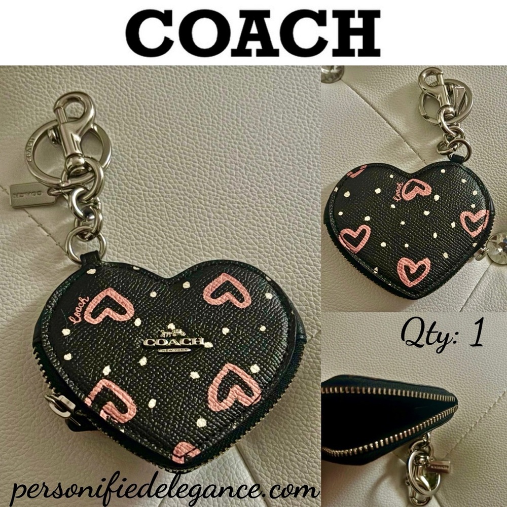 Coach Black Pink Heart Print Leather Heart Shaped Coin Purse Pouch Bag Charm